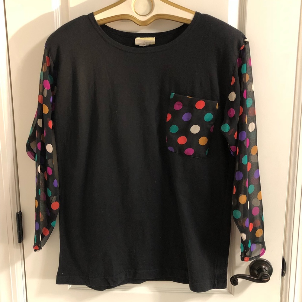 Vintage black top sheer sleeve polka dots small